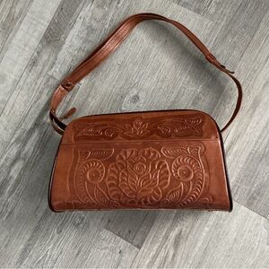 Vintage Tooled Leather Brown Shoulder / Satchel Purse Made In Mexico